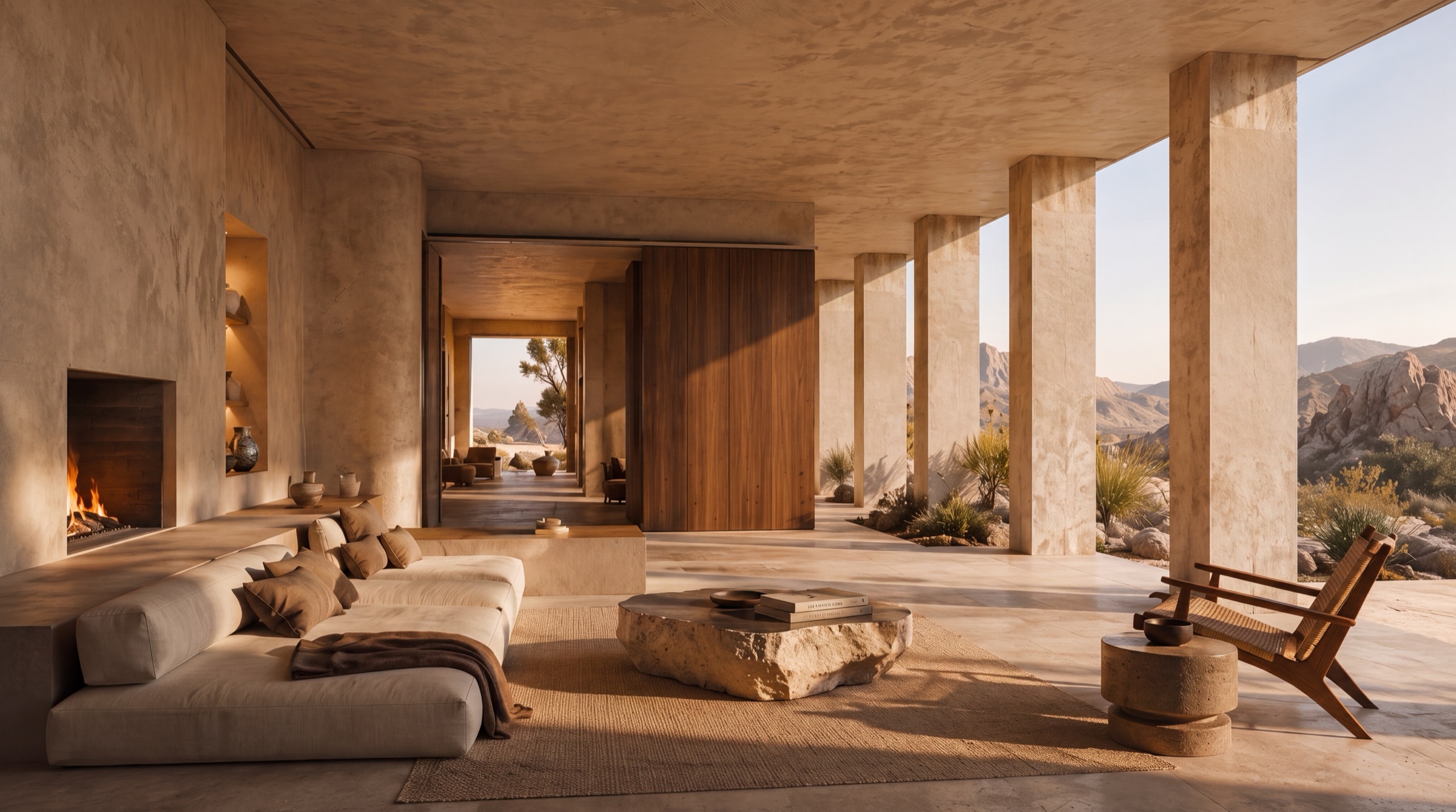 A visualised interior — warm living space opening onto a landscape