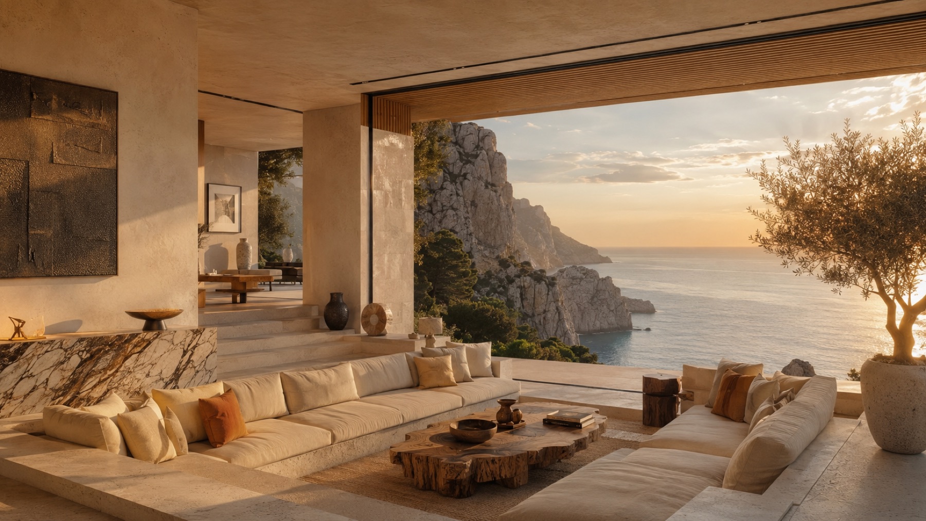 Cliffside living room opening onto the sea