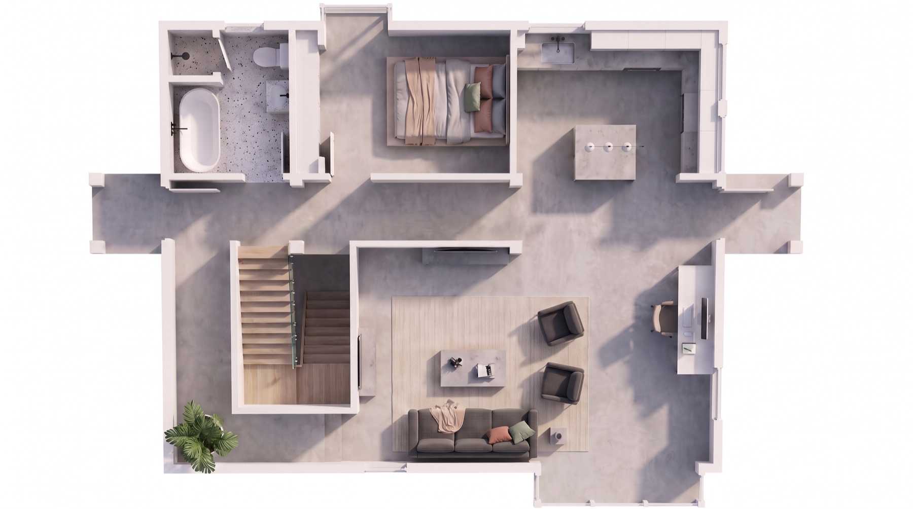 A floor plan visualised as a furnished 3D layout