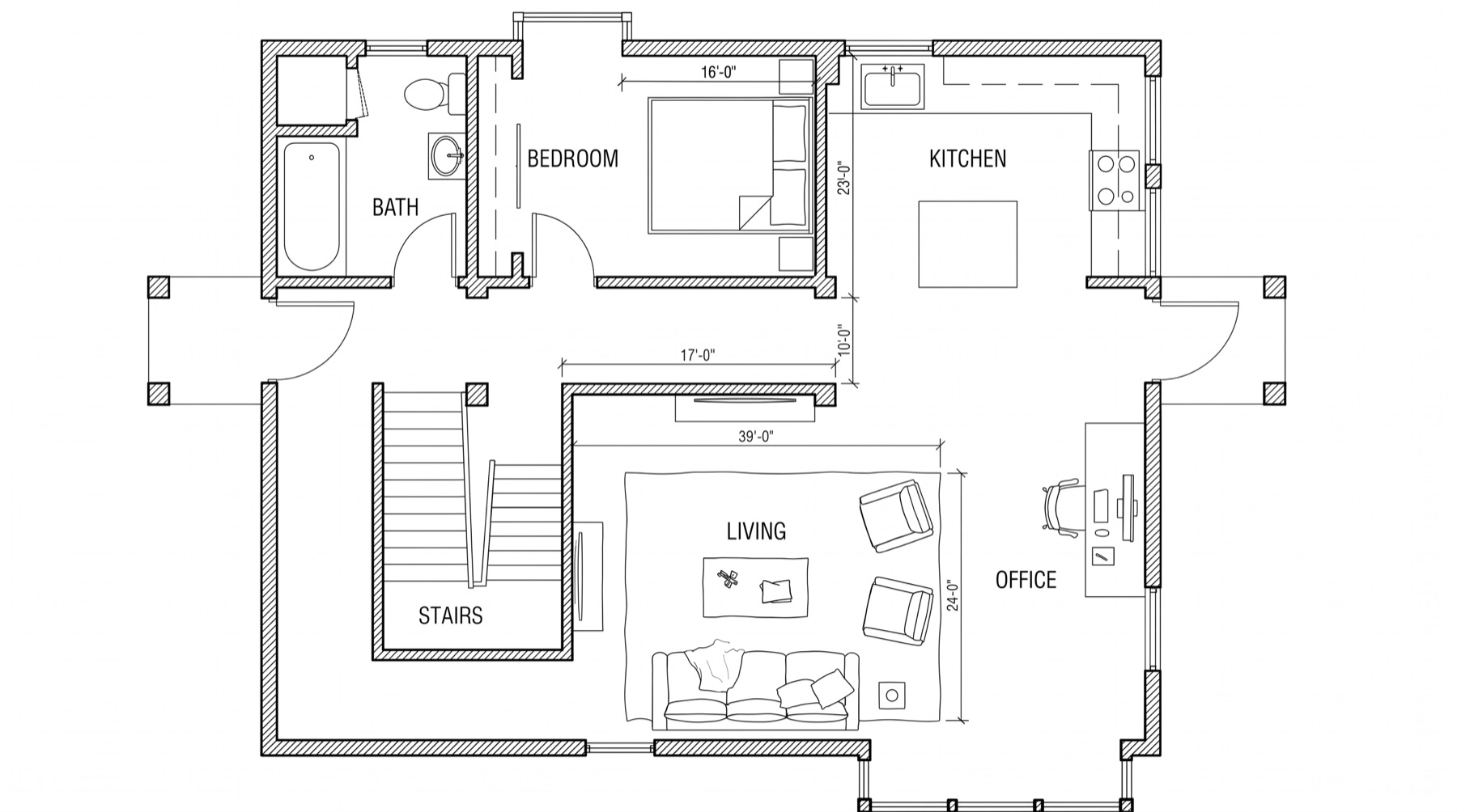 The floor plan with furniture laid out to scale