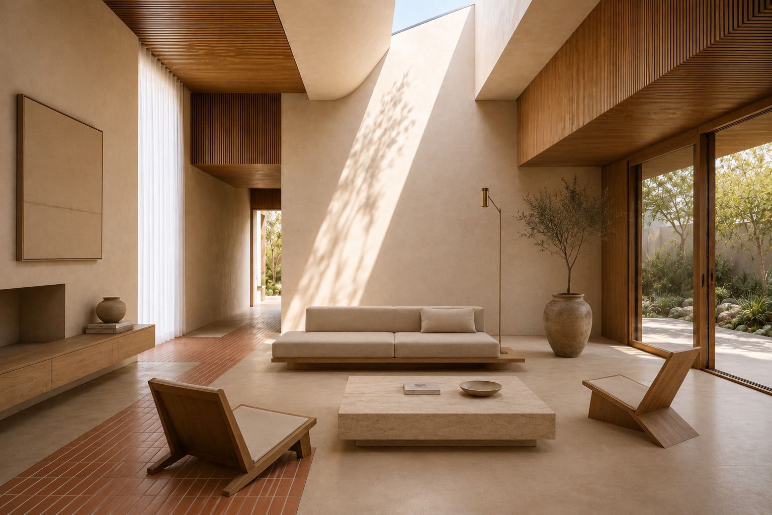 Minimalist, warm travertine